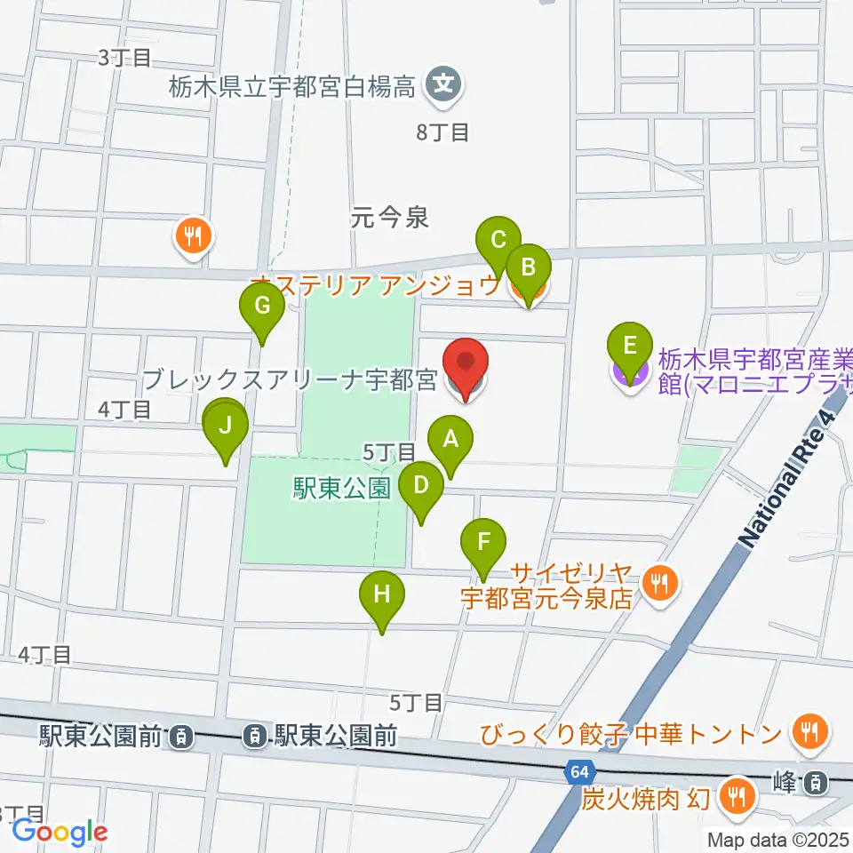 ブレックスアリーナ宇都宮周辺のファミレス・ファーストフード一覧地図