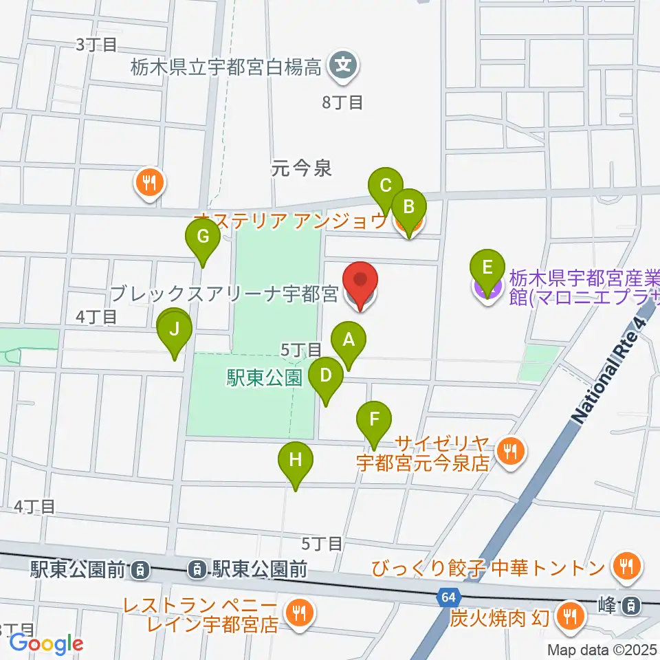 ブレックスアリーナ宇都宮周辺のファミレス・ファーストフード一覧地図