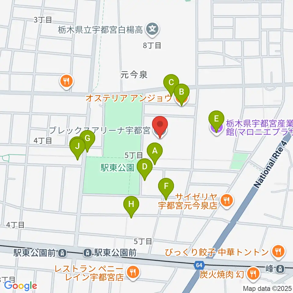 ブレックスアリーナ宇都宮周辺のファミレス・ファーストフード一覧地図