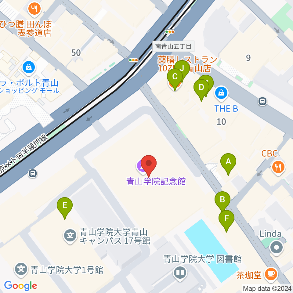 青山学院記念館周辺のファミレス・ファーストフード一覧地図