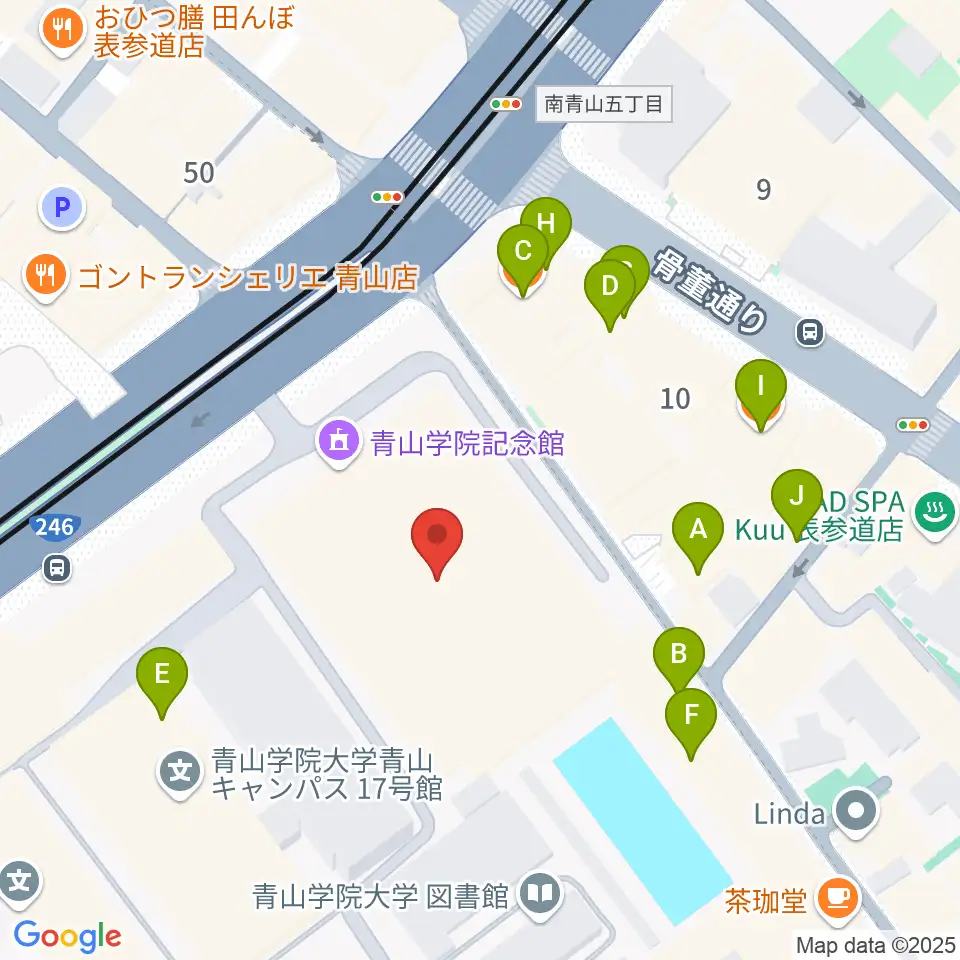 青山学院記念館周辺のファミレス・ファーストフード一覧地図