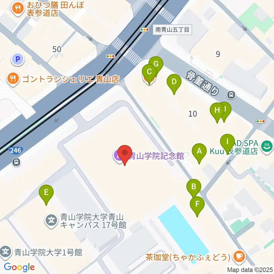 青山学院記念館周辺のファミレス・ファーストフード一覧地図