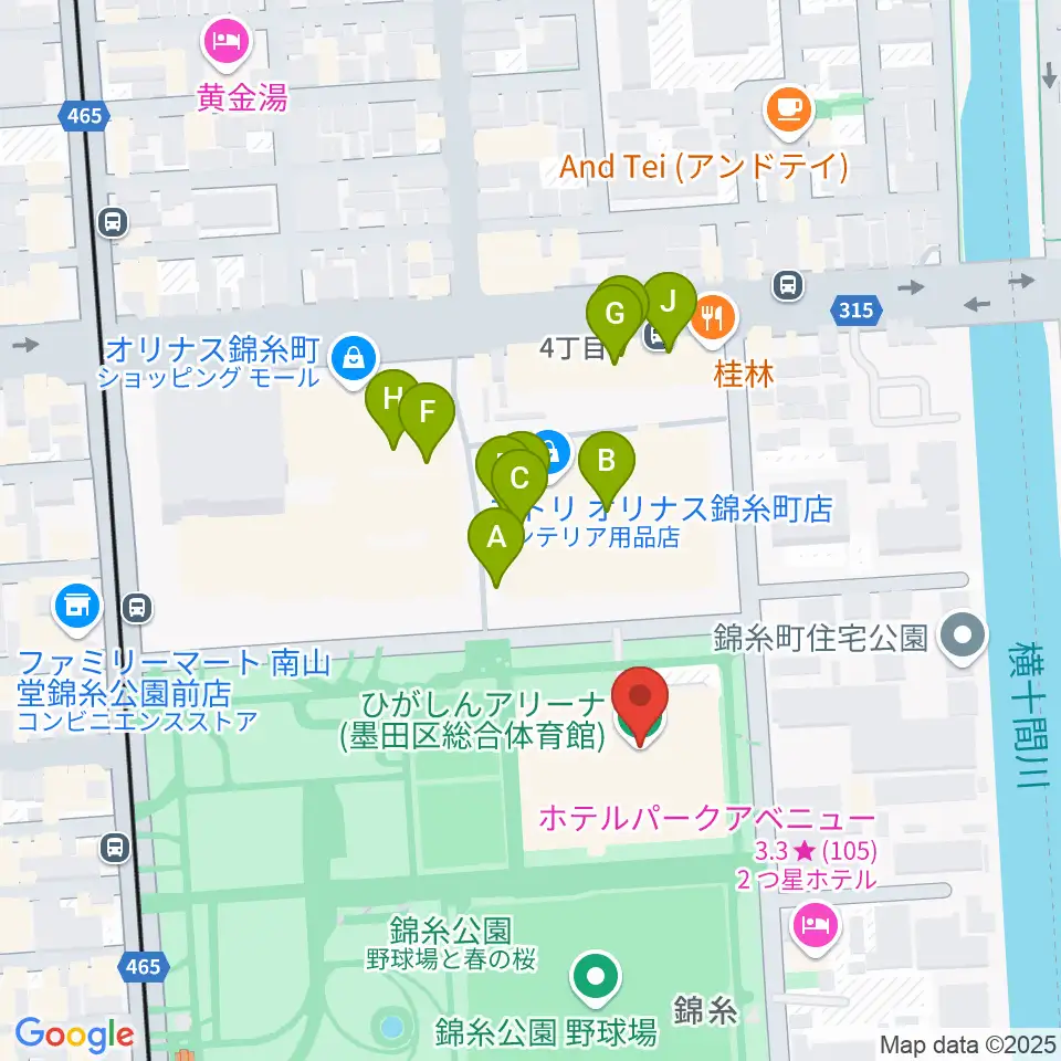 ひがしんアリーナ周辺のファミレス・ファーストフード一覧地図