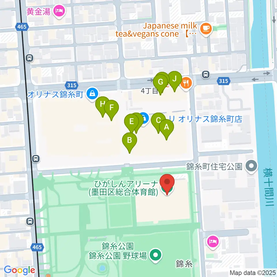 ひがしんアリーナ周辺のファミレス・ファーストフード一覧地図
