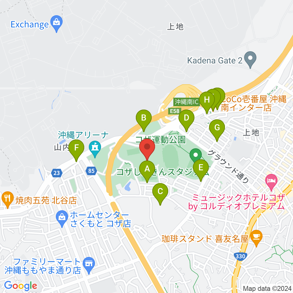 沖縄市体育館周辺のファミレス・ファーストフード一覧地図