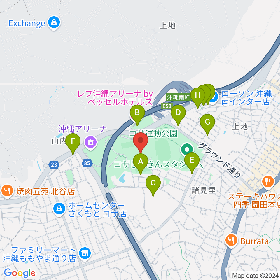 沖縄市体育館周辺のファミレス・ファーストフード一覧地図