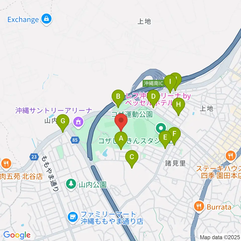 沖縄市体育館周辺のファミレス・ファーストフード一覧地図