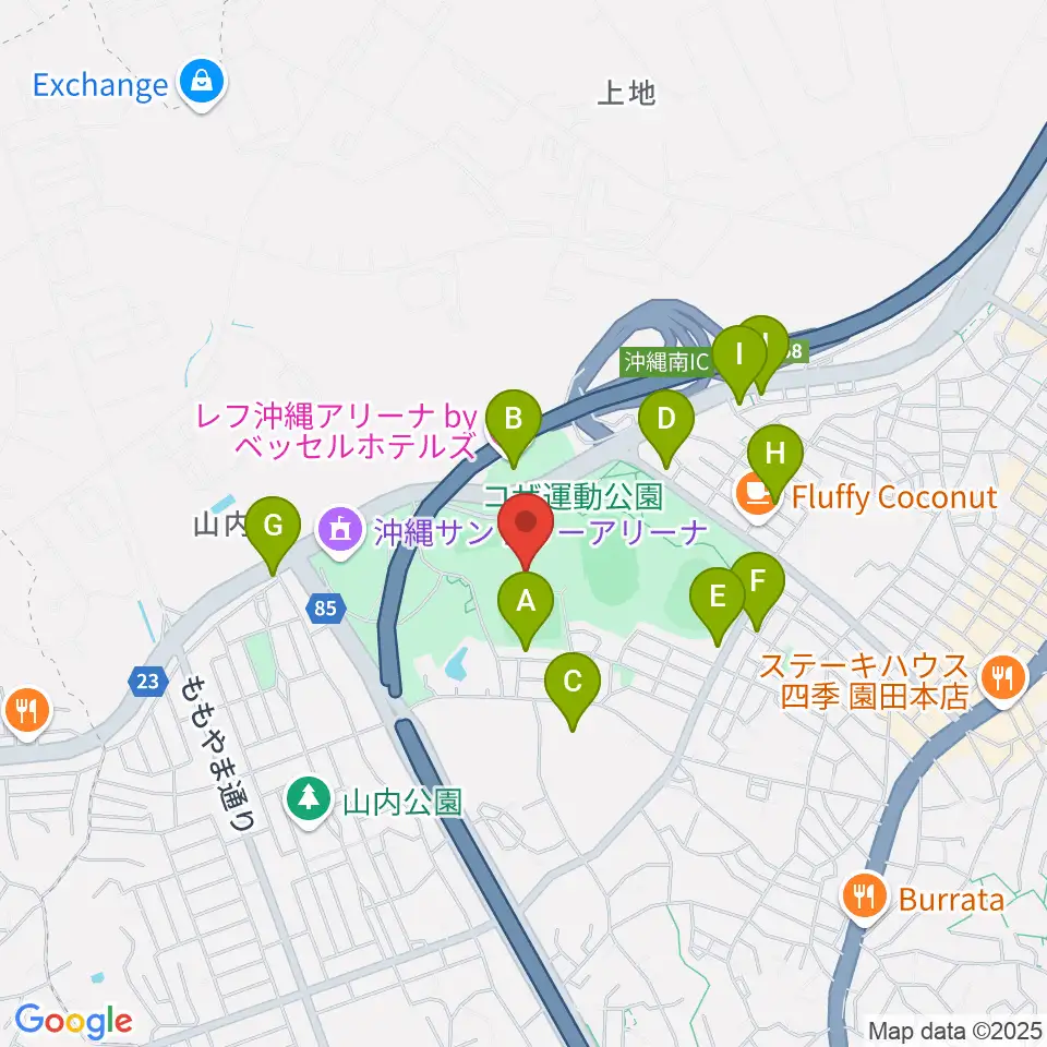 沖縄市体育館周辺のファミレス・ファーストフード一覧地図