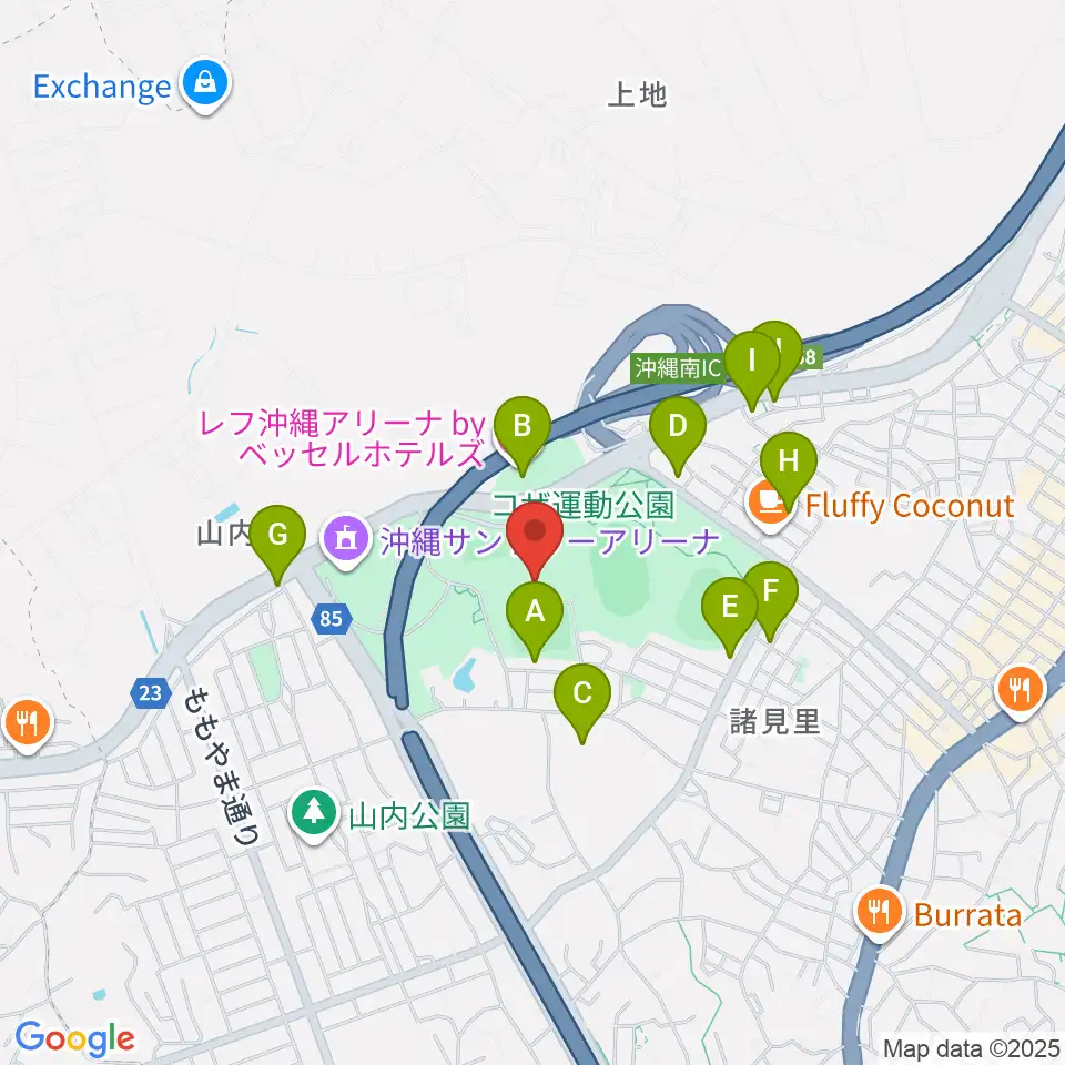 沖縄市体育館周辺のファミレス・ファーストフード一覧地図
