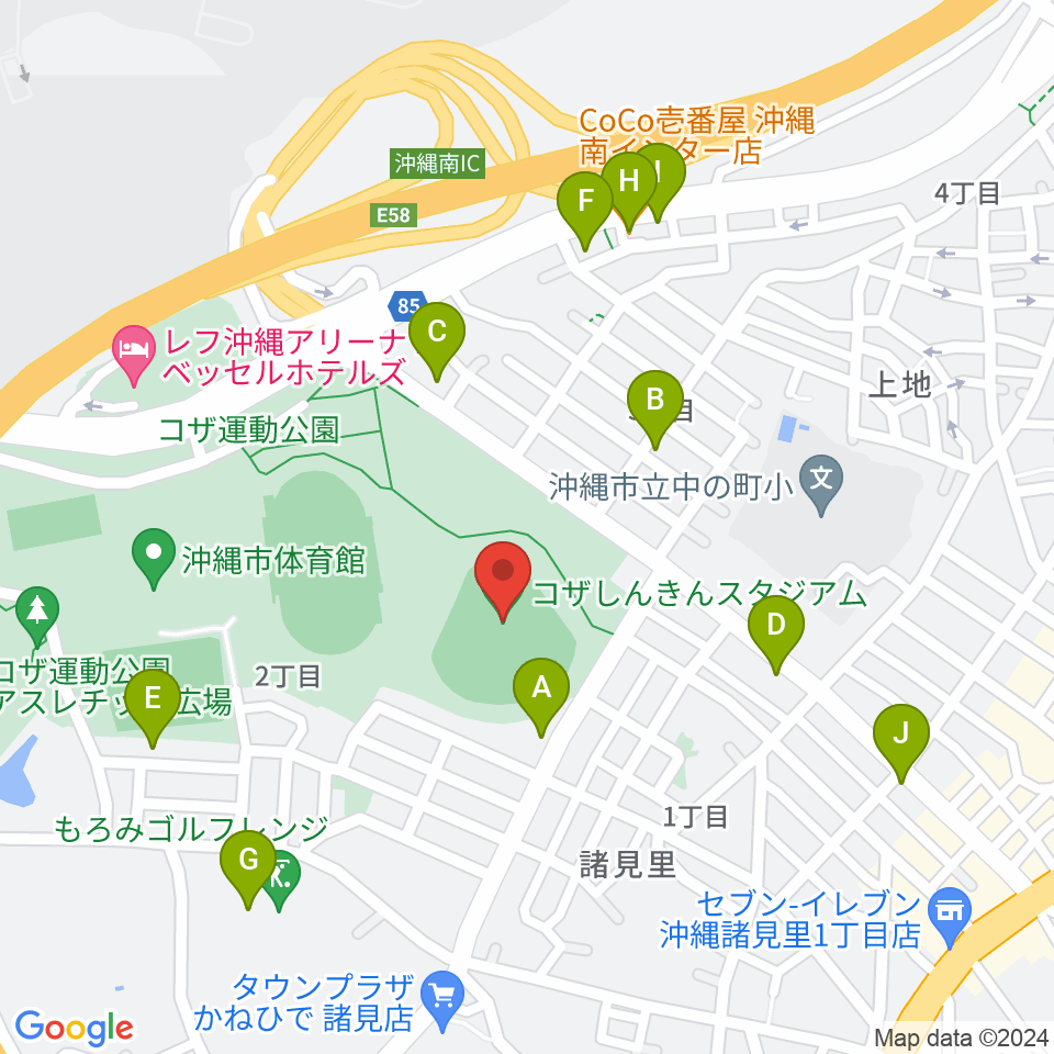 コザしんきんスタジアム周辺のファミレス・ファーストフード一覧地図