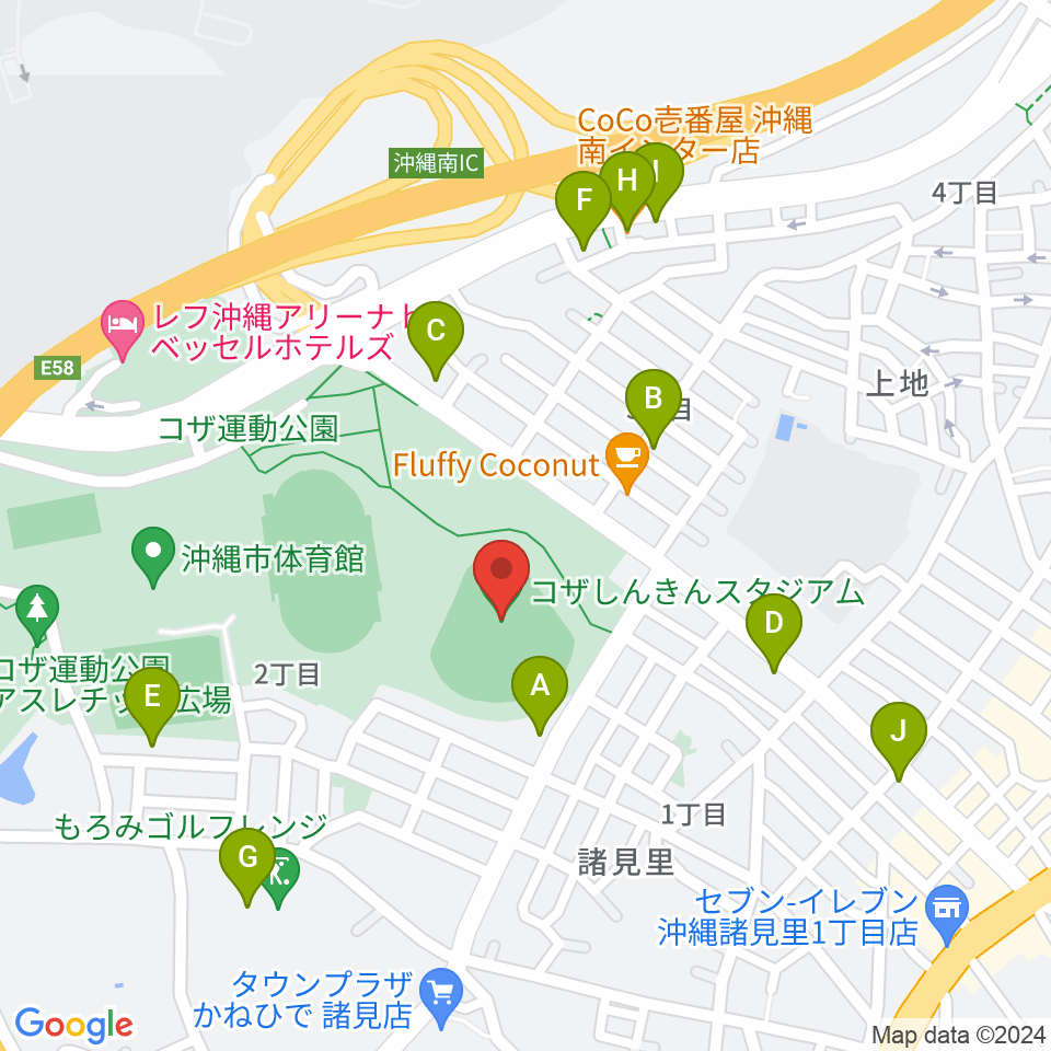 コザしんきんスタジアム周辺のファミレス・ファーストフード一覧地図