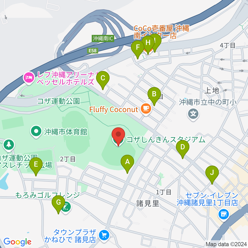 コザしんきんスタジアム周辺のファミレス・ファーストフード一覧地図