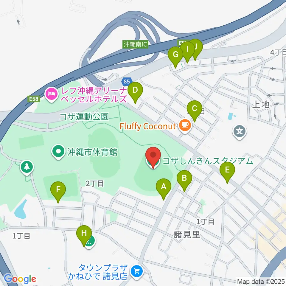 コザしんきんスタジアム周辺のファミレス・ファーストフード一覧地図