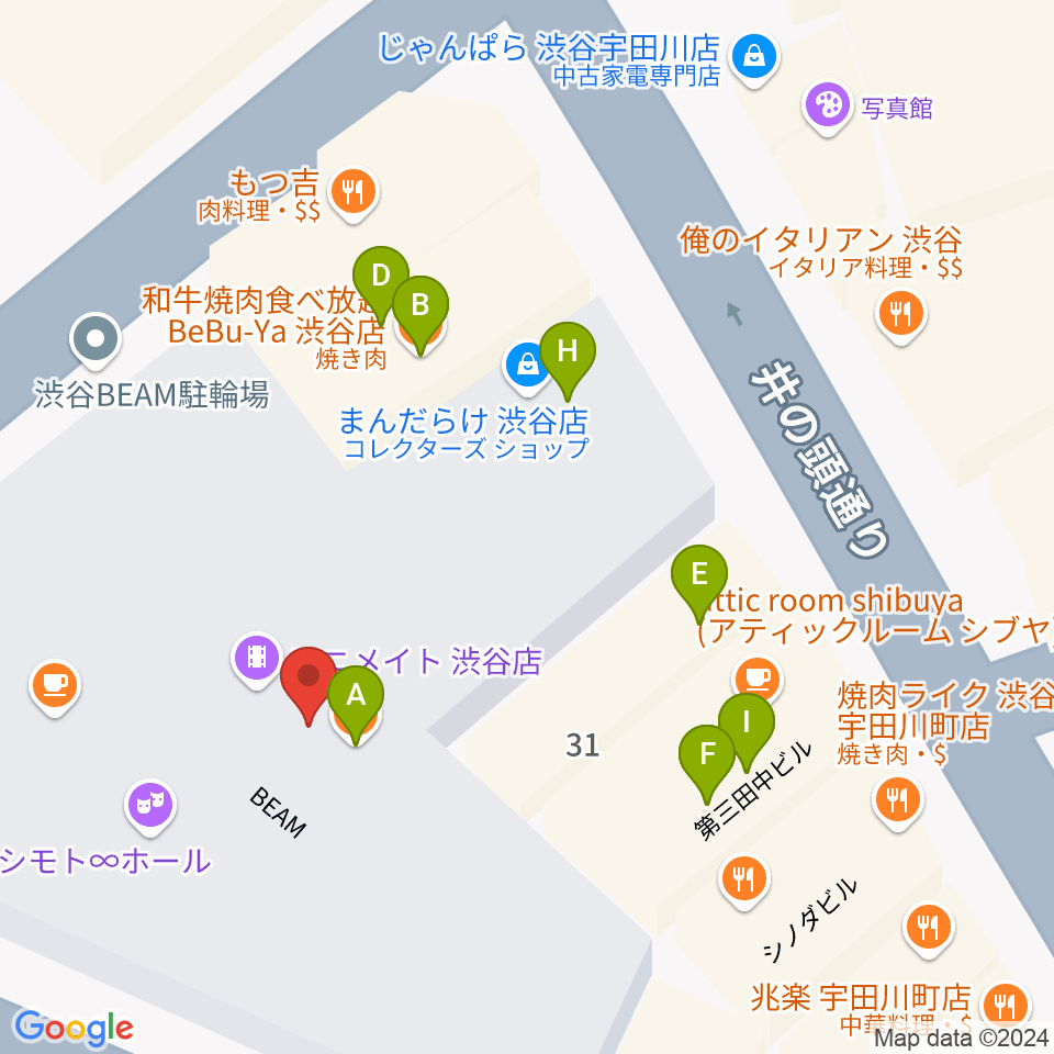 渋谷ヨシモト∞ドーム周辺のファミレス・ファーストフード一覧地図