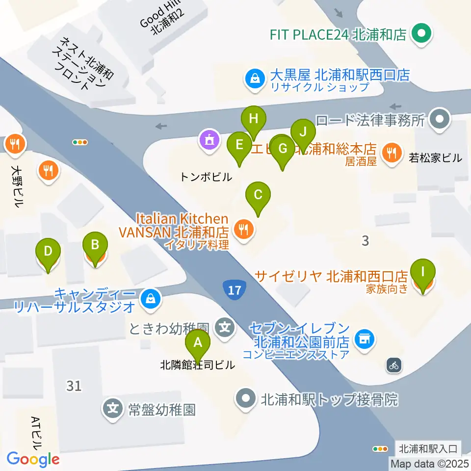 北浦和キャンディー周辺のファミレス・ファーストフード一覧地図