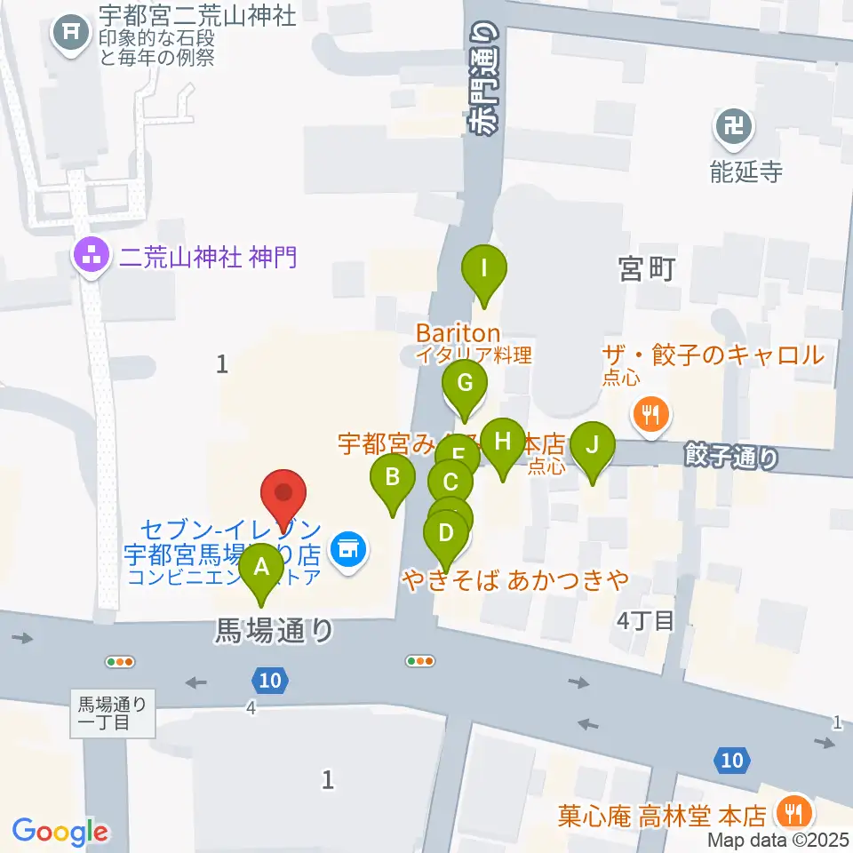 宇都宮市民プラザ周辺のファミレス・ファーストフード一覧地図