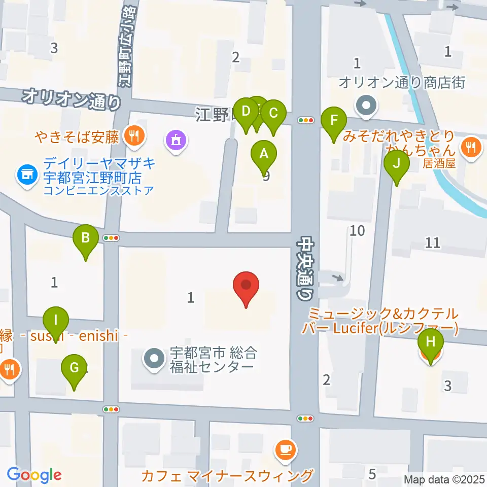 宇都宮市中央生涯学習センター周辺のファミレス・ファーストフード一覧地図