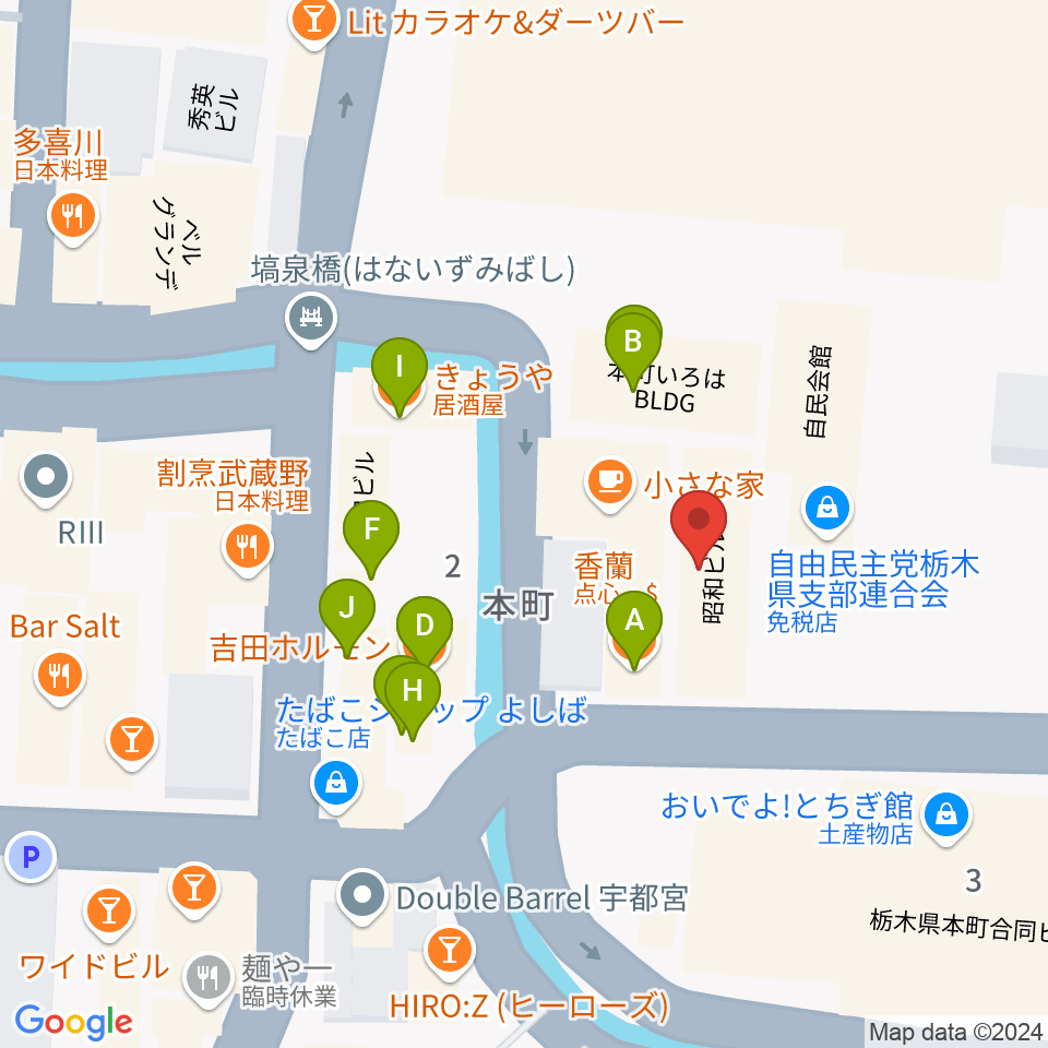 宇都宮Blue・J周辺のファミレス・ファーストフード一覧地図