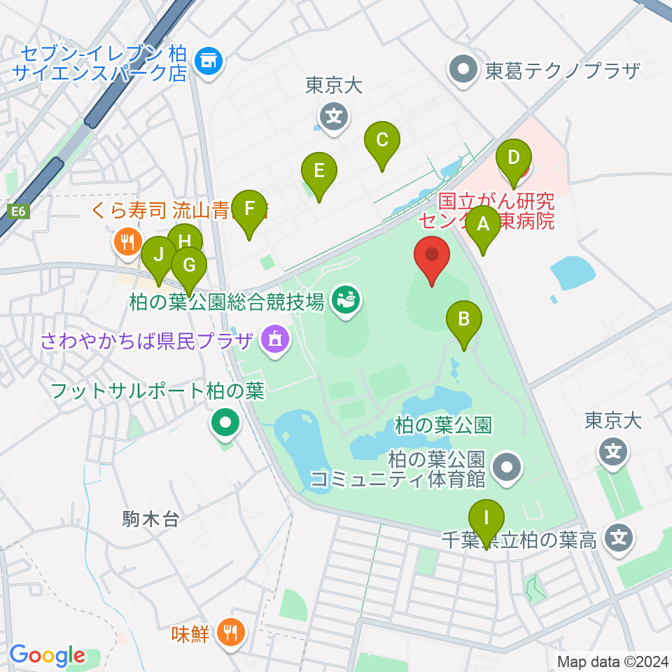 県立柏の葉公園野球場周辺のファミレス・ファーストフード一覧地図