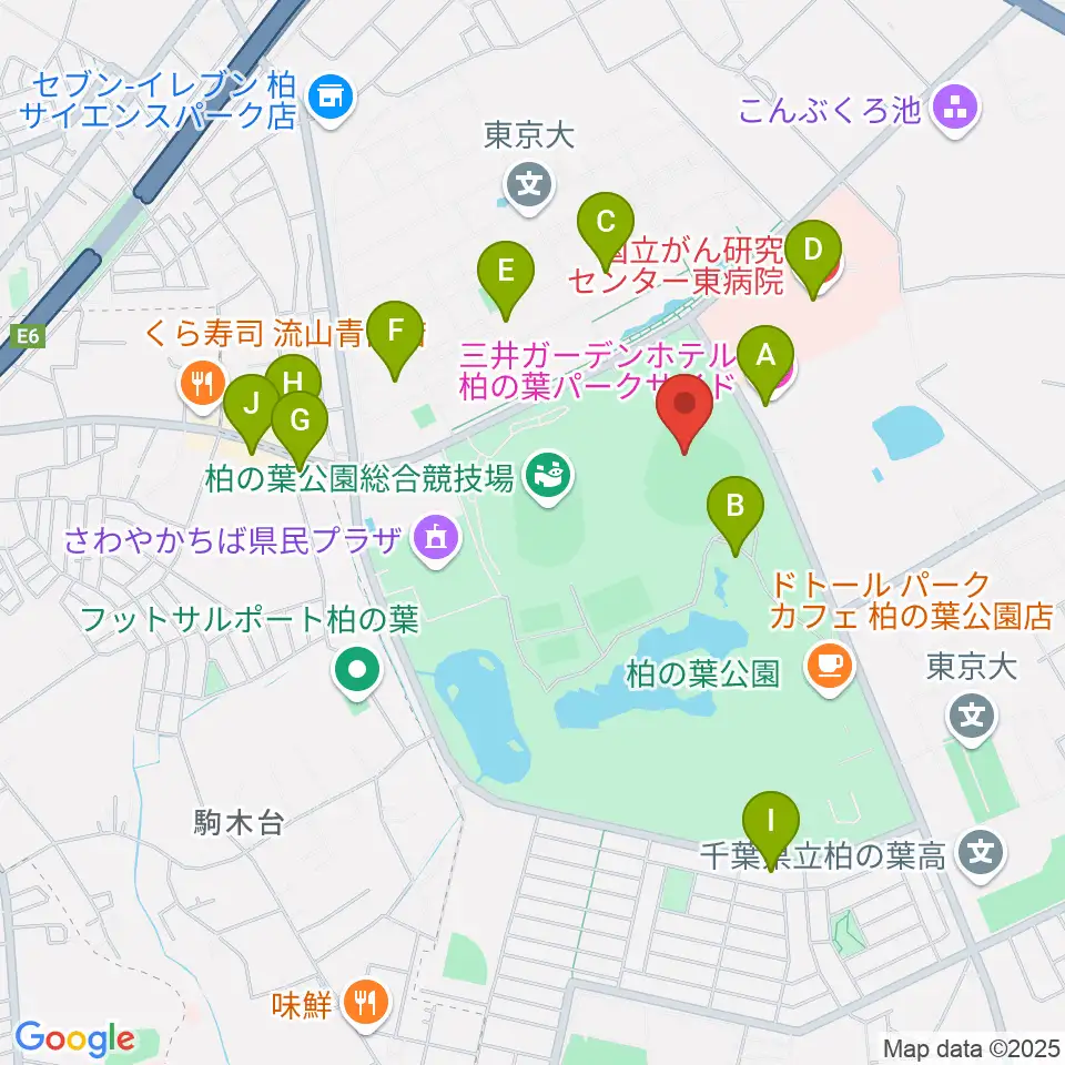 県立柏の葉公園野球場周辺のファミレス・ファーストフード一覧地図