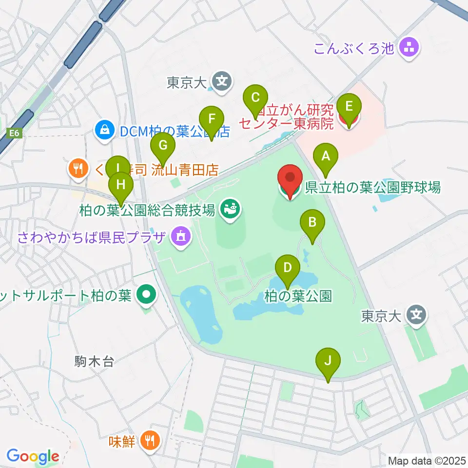 県立柏の葉公園野球場周辺のファミレス・ファーストフード一覧地図