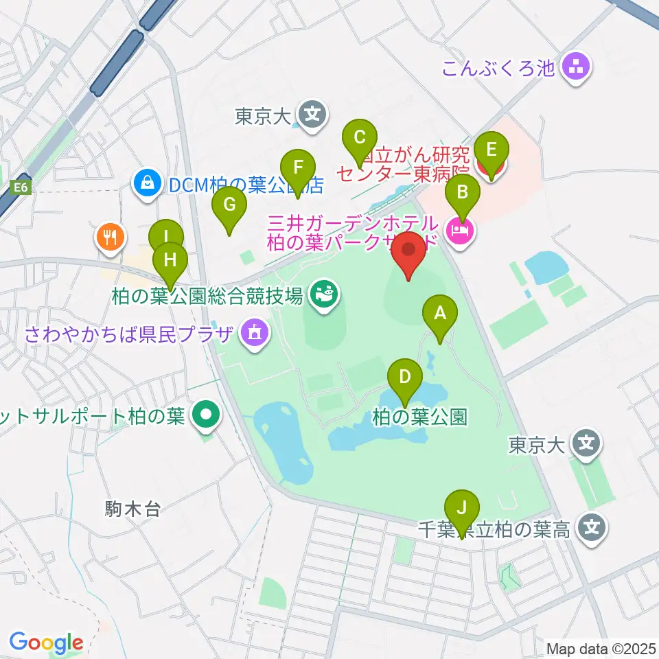 県立柏の葉公園野球場周辺のファミレス・ファーストフード一覧地図