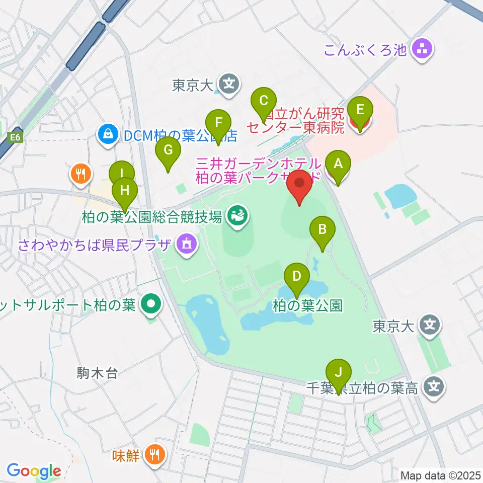 県立柏の葉公園野球場周辺のファミレス・ファーストフード一覧地図