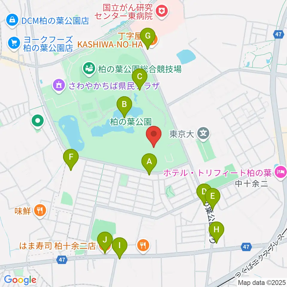柏の葉公園コミュニティ体育館周辺のファミレス・ファーストフード一覧地図