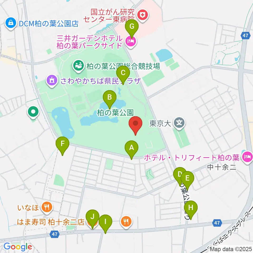 柏の葉公園コミュニティ体育館周辺のファミレス・ファーストフード一覧地図