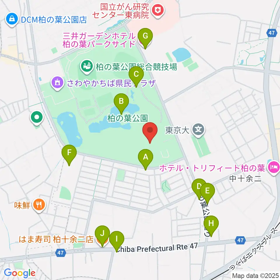 柏の葉公園コミュニティ体育館周辺のファミレス・ファーストフード一覧地図