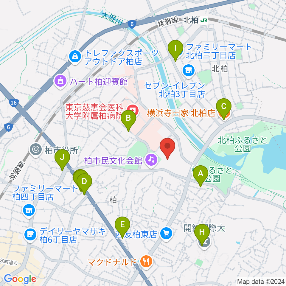 柏市中央体育館周辺のファミレス・ファーストフード一覧地図