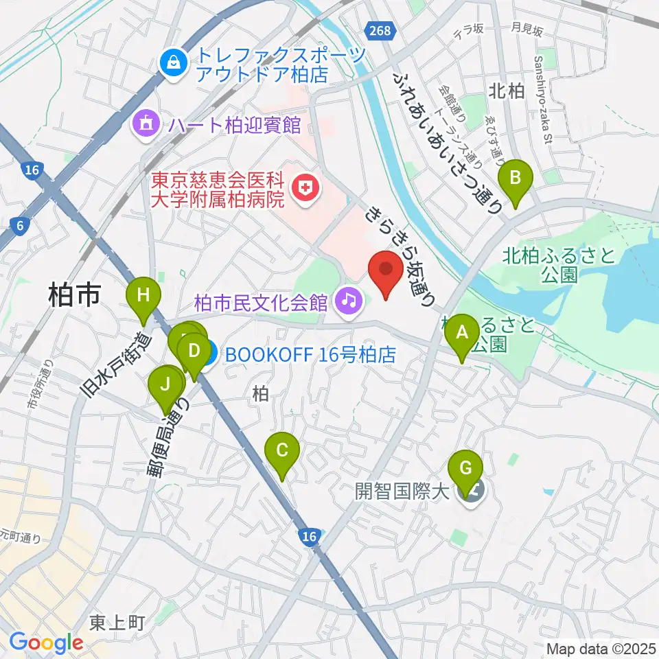 柏市中央体育館周辺のファミレス・ファーストフード一覧地図