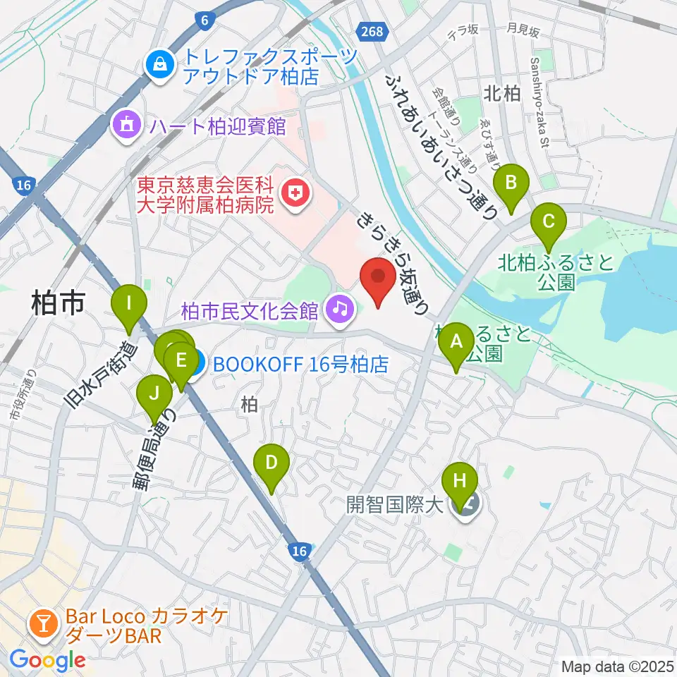 柏市中央体育館周辺のファミレス・ファーストフード一覧地図