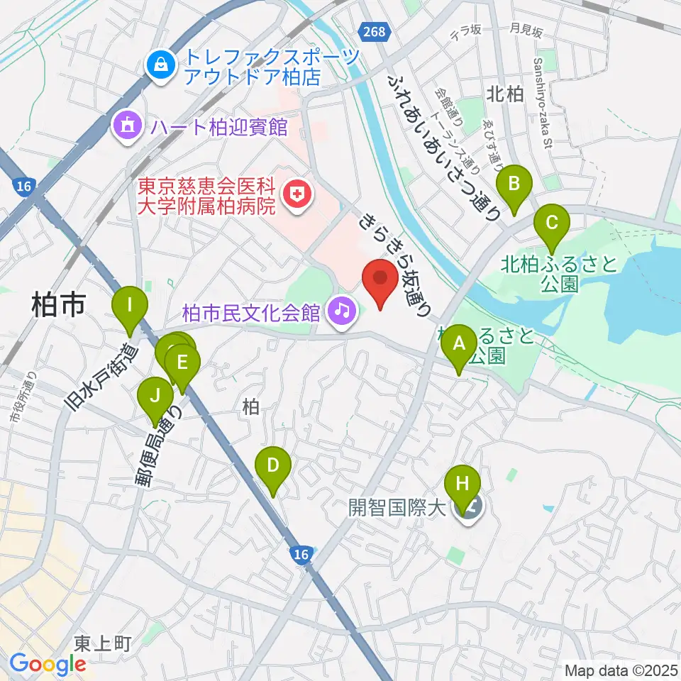 柏市中央体育館周辺のファミレス・ファーストフード一覧地図