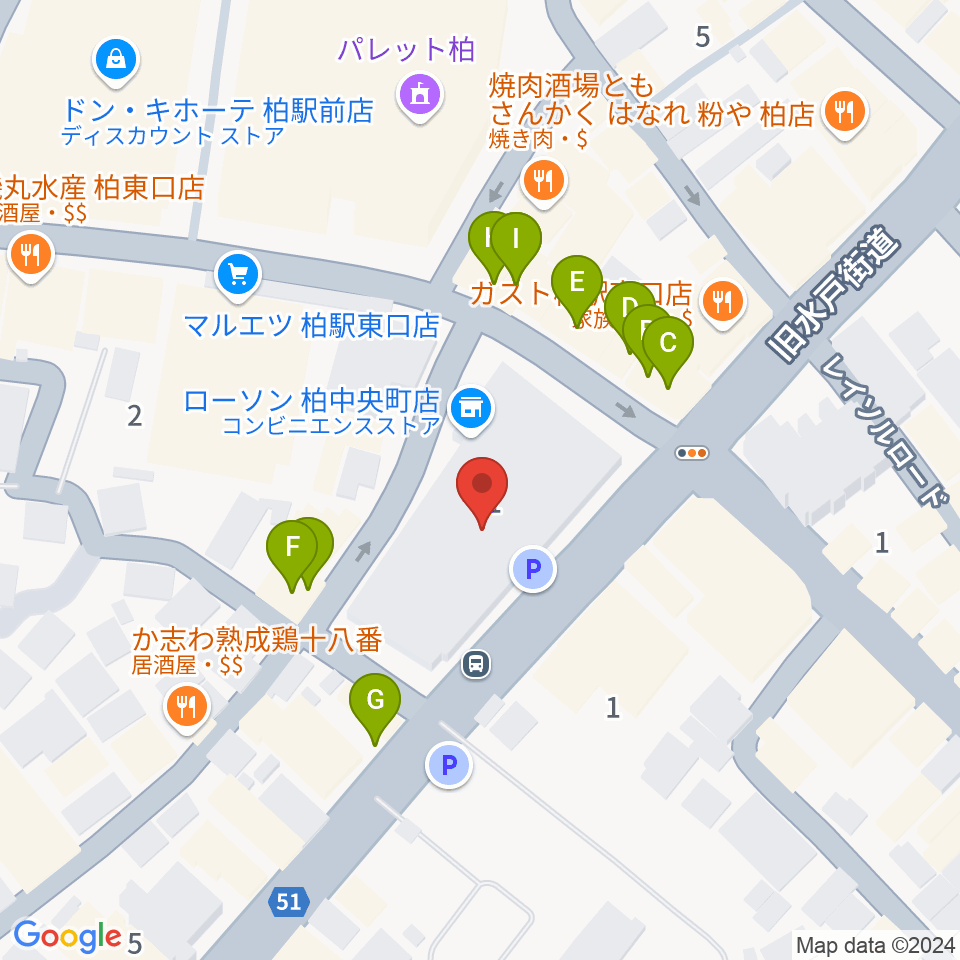 ディスクユニオン柏店周辺のファミレス・ファーストフード一覧地図