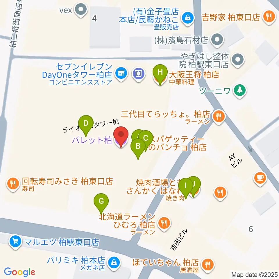 パレット柏周辺のファミレス・ファーストフード一覧地図