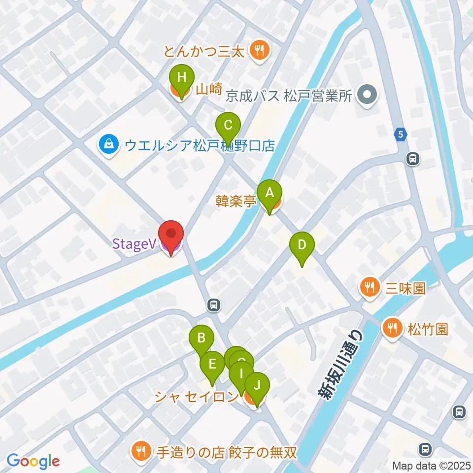 松戸StageV周辺のファミレス・ファーストフード一覧地図