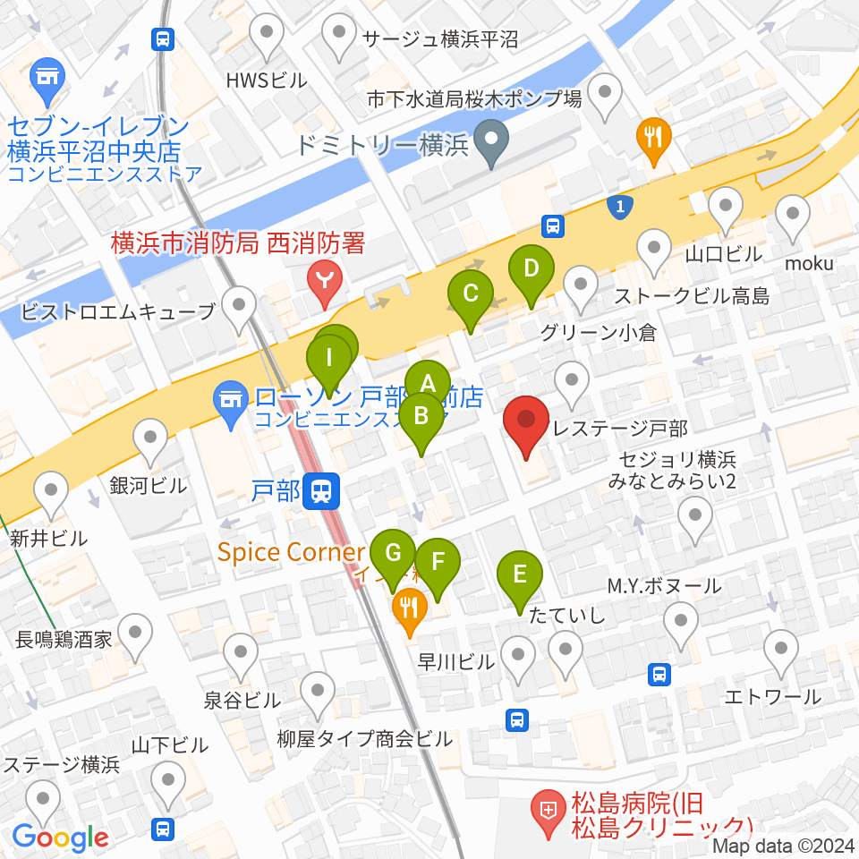 ボンカンスタジオ横浜周辺のファミレス・ファーストフード一覧地図