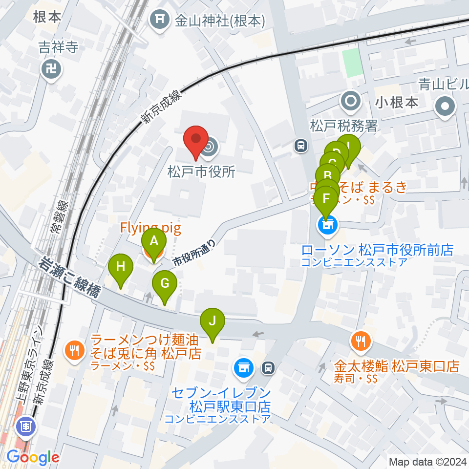 松戸運動公園体育館周辺のファミレス・ファーストフード一覧地図