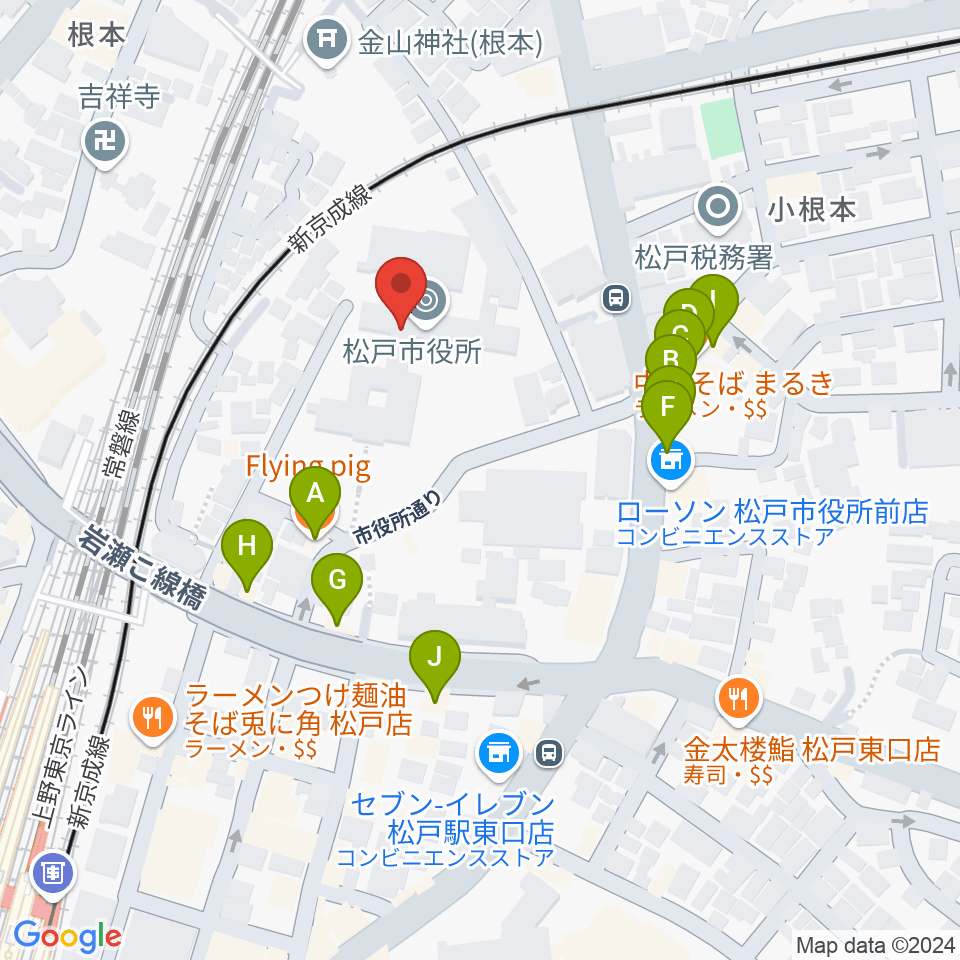 松戸運動公園体育館周辺のファミレス・ファーストフード一覧地図