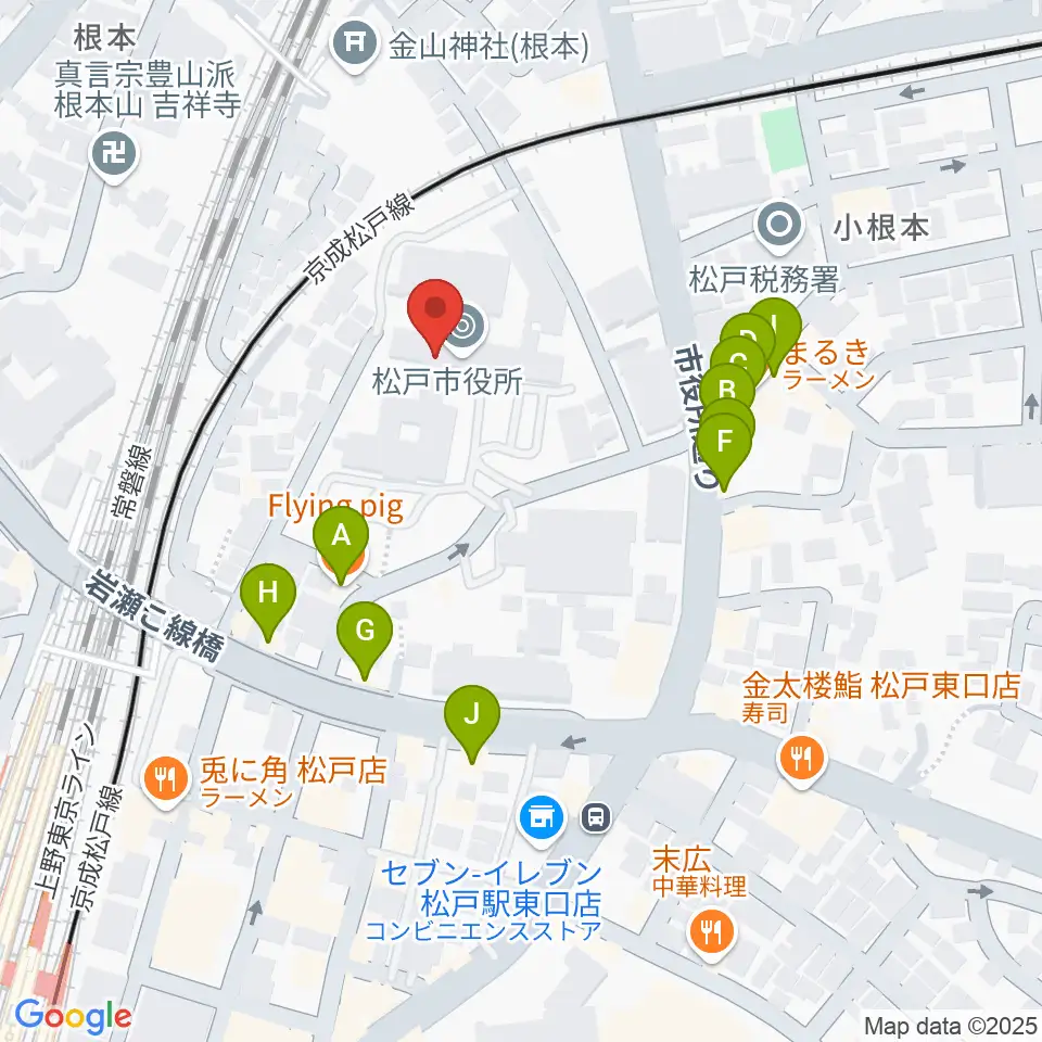 松戸運動公園体育館周辺のファミレス・ファーストフード一覧地図