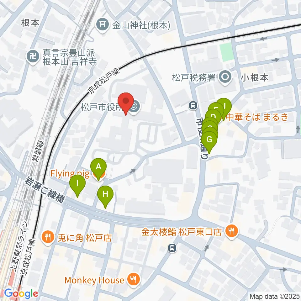 松戸運動公園体育館周辺のファミレス・ファーストフード一覧地図