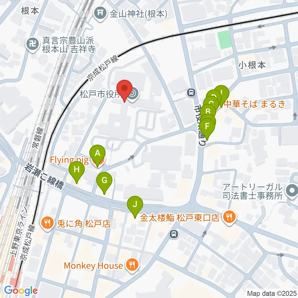 松戸運動公園体育館周辺のファミレス・ファーストフード一覧地図