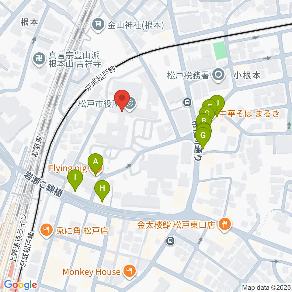 松戸運動公園体育館周辺のファミレス・ファーストフード一覧地図