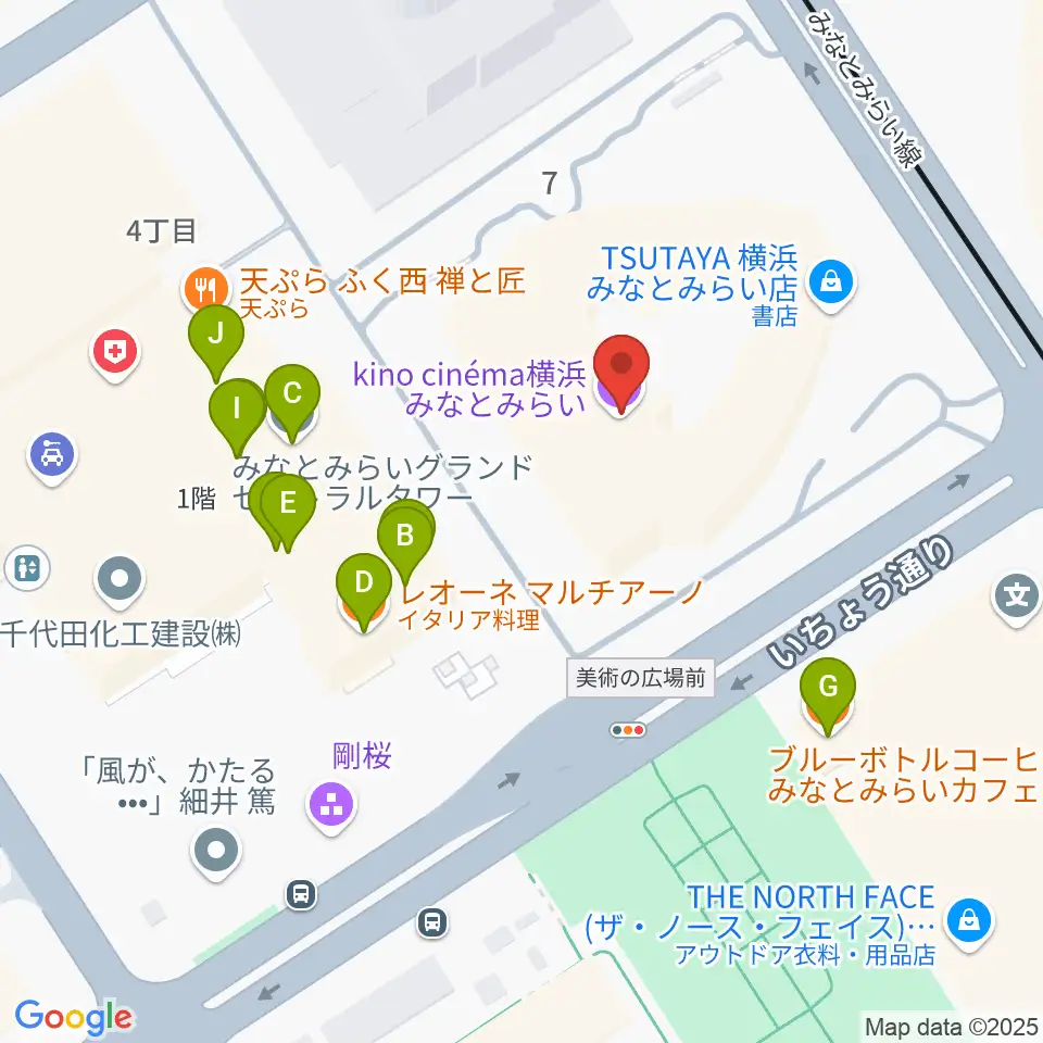 キノシネマ横浜みなとみらい周辺のファミレス・ファーストフード一覧地図