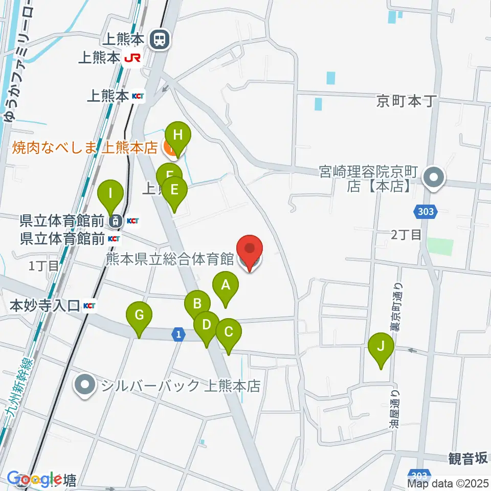 熊本県立総合体育館周辺のファミレス・ファーストフード一覧地図