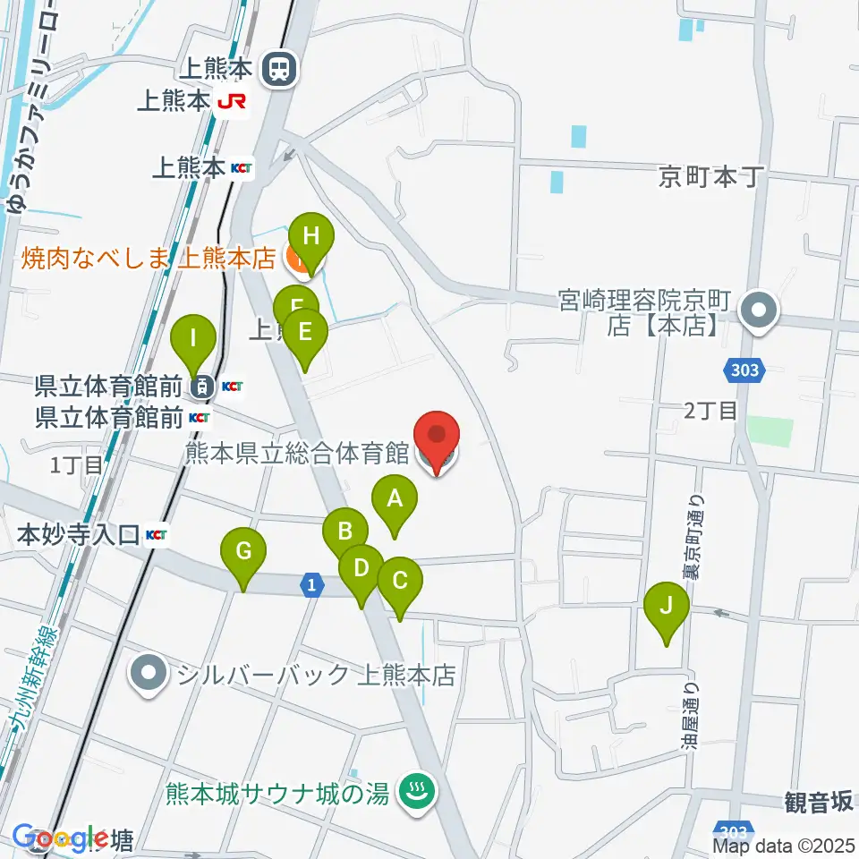 熊本県立総合体育館周辺のファミレス・ファーストフード一覧地図