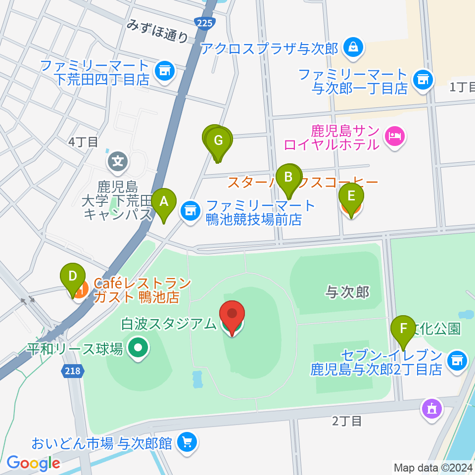 白波スタジアム周辺のファミレス・ファーストフード一覧地図