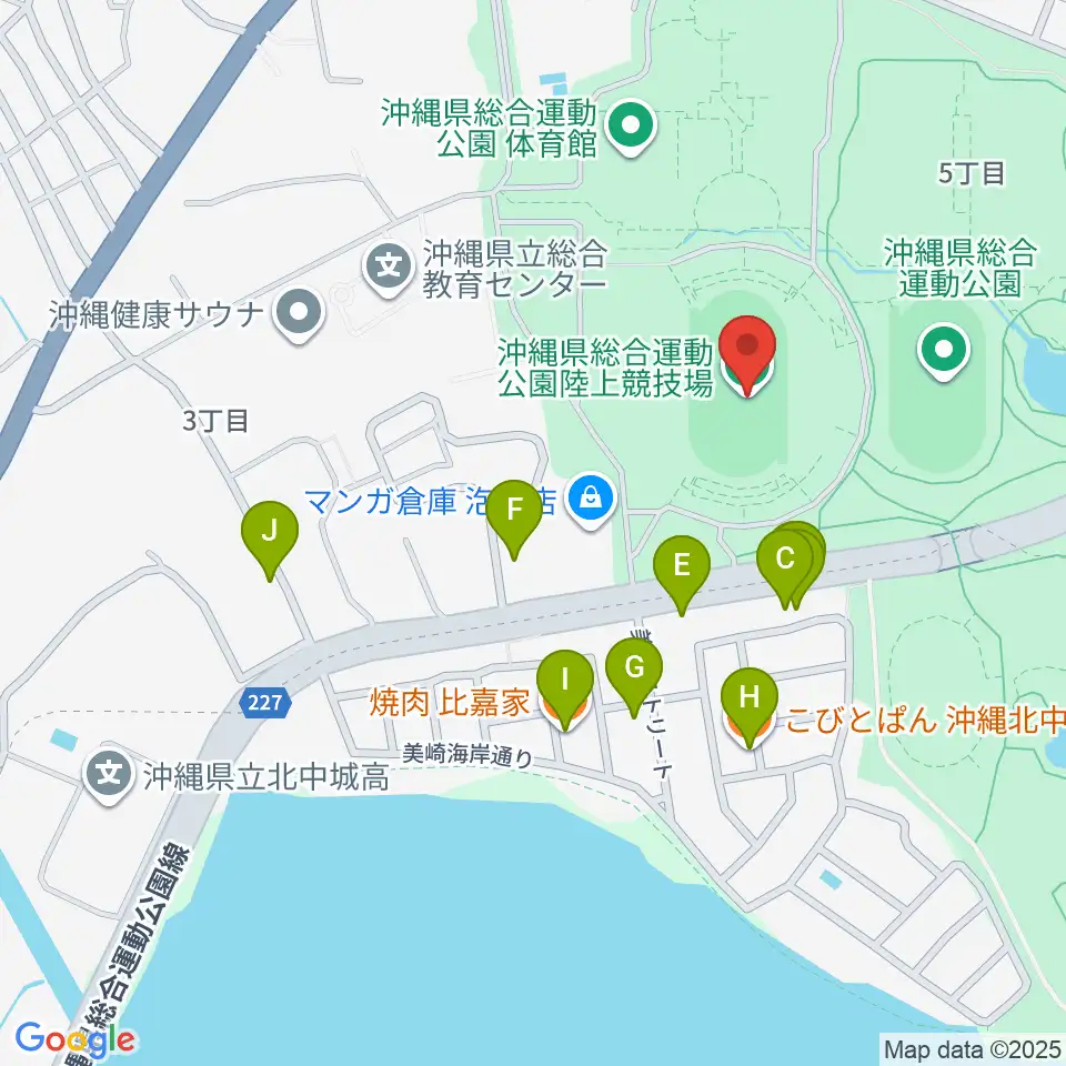 沖縄県総合運動公園陸上競技場周辺のファミレス・ファーストフード一覧地図