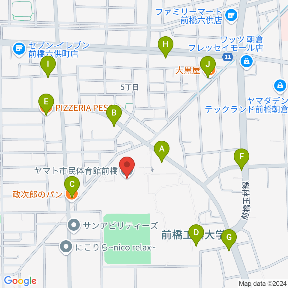 ヤマト市民体育館前橋周辺のファミレス・ファーストフード一覧地図